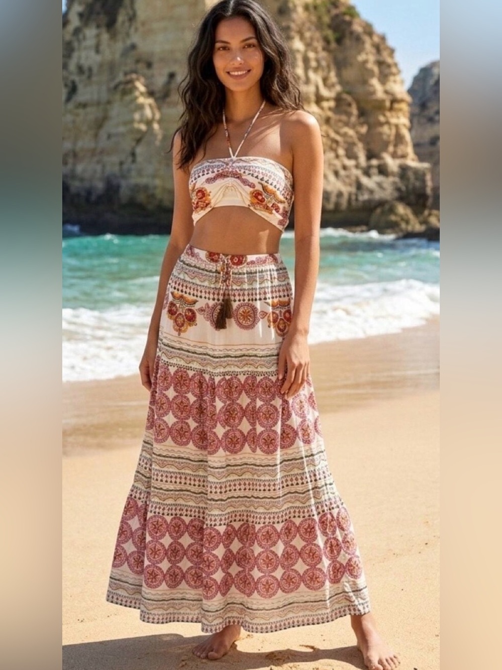 Dress Forum 2 Piece Maxi Skirt Set NWT Boho Resort Wear Large Bandeau Top